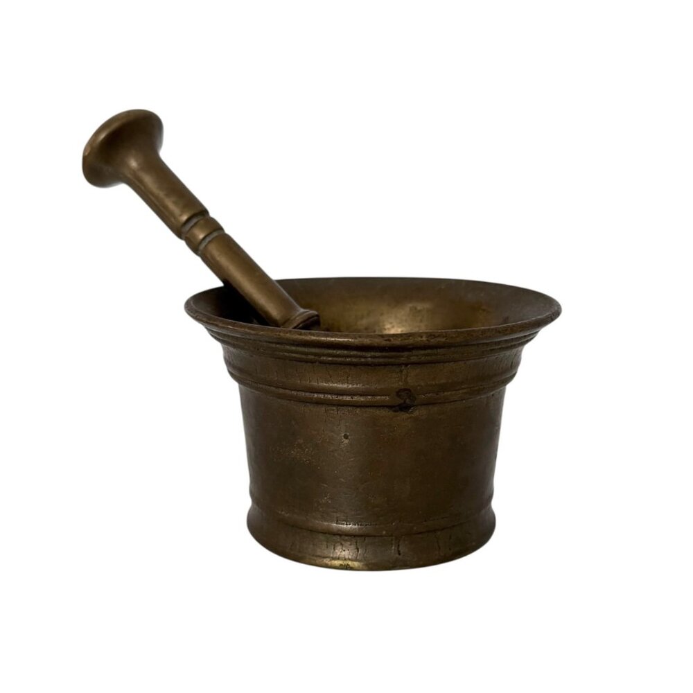 Vintage Solid Brass Mortar & Pestle Rustic Farmhouse Apothecary Set